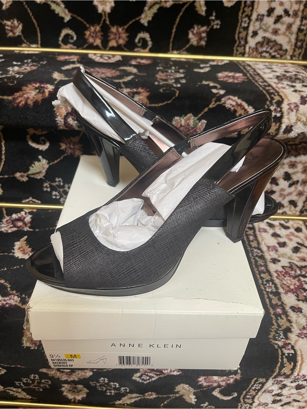 Anne Klein Soft Black Strappy Heels Womens Size 9.5 Peep Toe Two tone New in Box